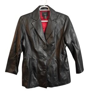 GEORGE WOMAN Black Leather Blazer Jacket 1X 16W Genuine Leather Red Lining